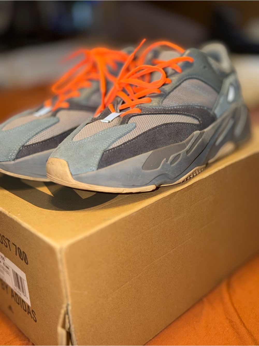 Yeezy Boost (Men’s 10.5) Gray Sneakers with Orange Laces